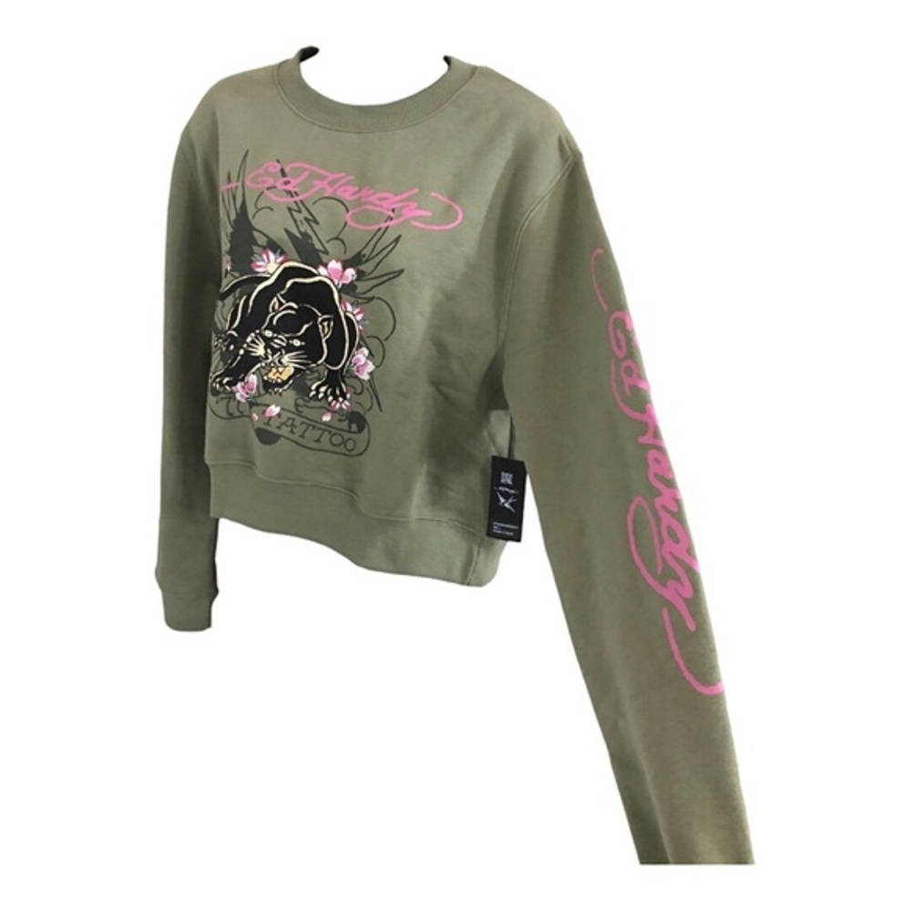 Ed Hardy green graphic print black panther pink monogram sweatshirt size large